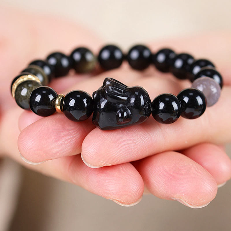 KarmaRipple's Gold Sheen Obsidian Black Obsidian Silver Sheen Obsidian Cute Rabbit Protection Bracelet p9