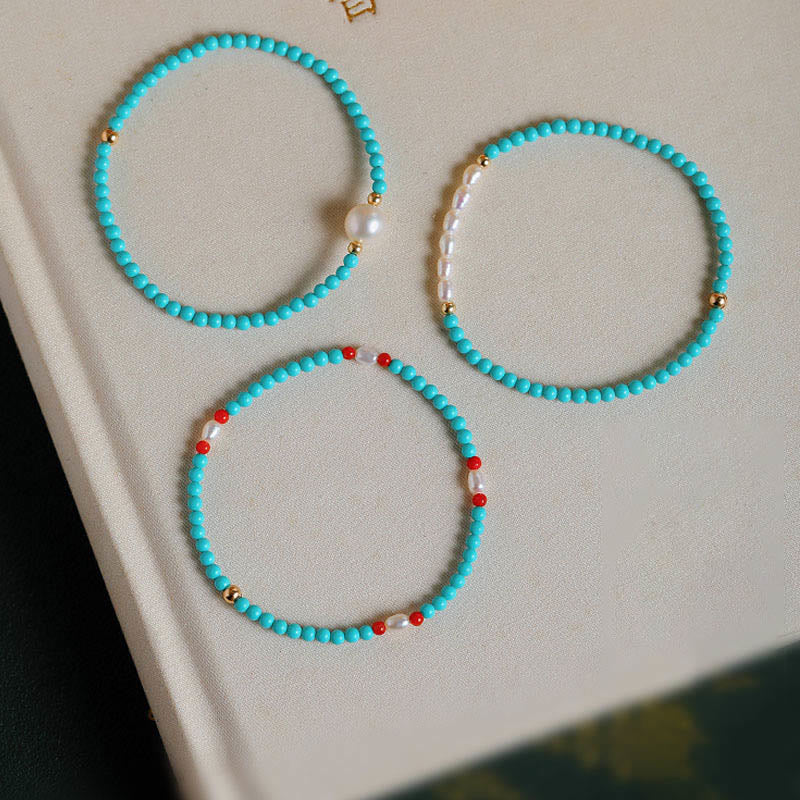 KarmaRipple's Turquoise Red Agate Pearl Small Beaded Protection Bracelet p19
