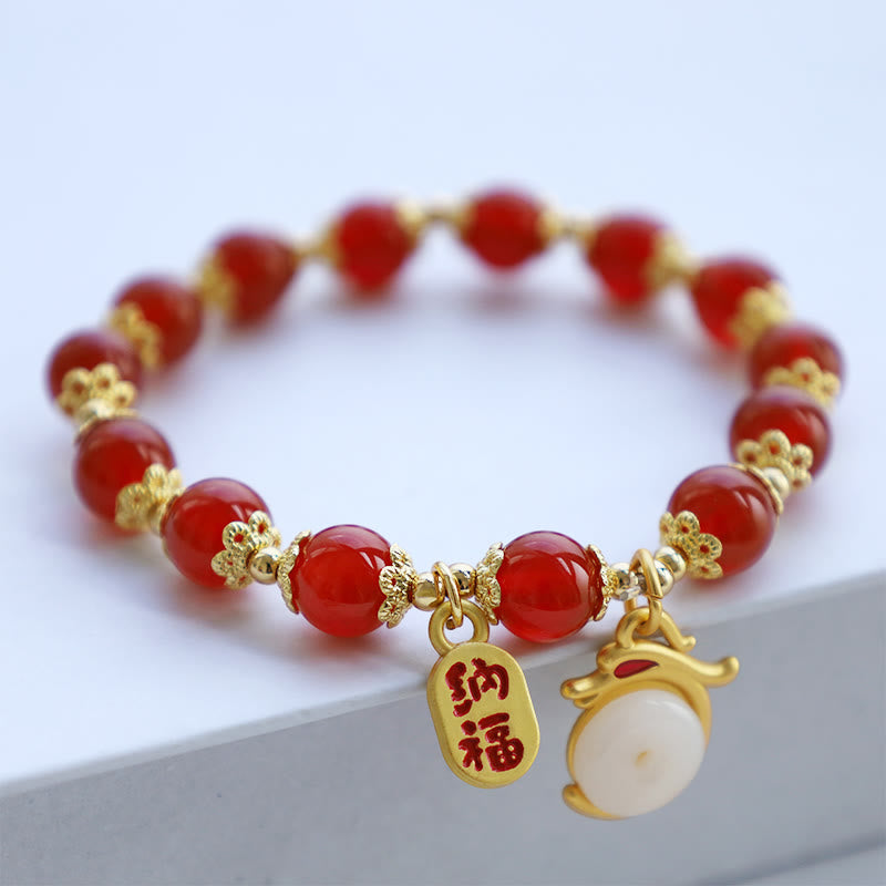 KarmaRipple's Year of the Dragon Red Agate Green Aventurine Peace Buckle Fu Character Fortunate Fortune Bracelet p26