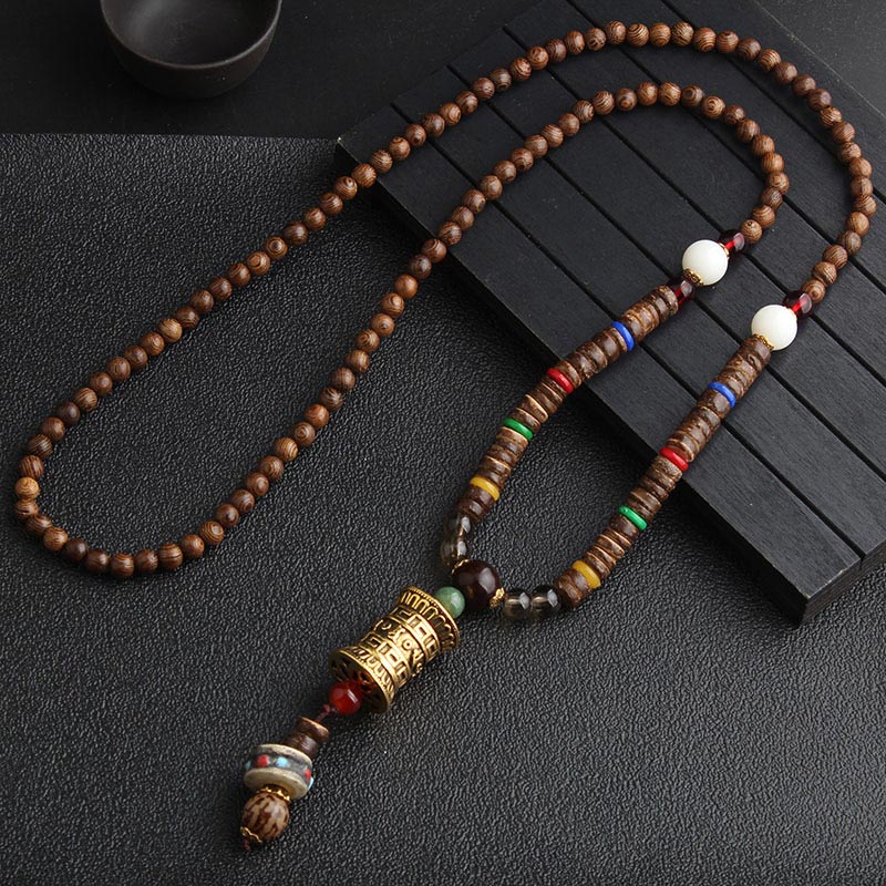 KarmaRipple's Turquoise Dzi Bead Prayer Wheel Wenge Wood Meditation Pendant p4