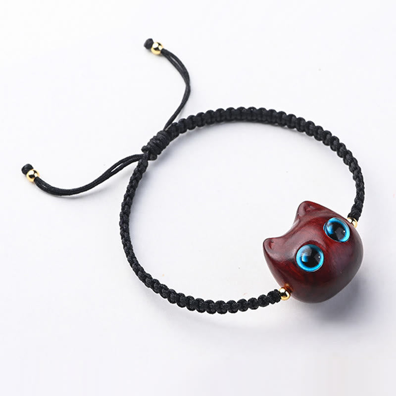 KarmaRipple's Small Leaf Red Sandalwood Ebony Wood Cute Cat Head Calm Protection Woven Bracelet p5