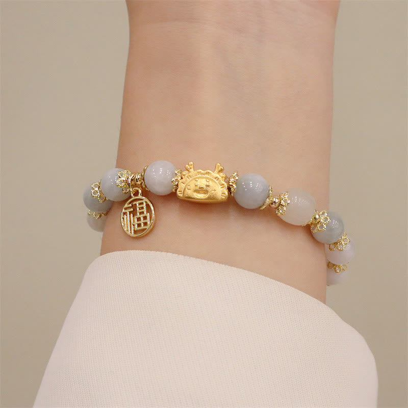 KarmaRipple's Year Of The Dragon Red Agate Strawberry Quartz Black Obsidian Jade Garnet Pearl Cinnabar Dumpling Dragon Fortune Fu Character Bracelet p25