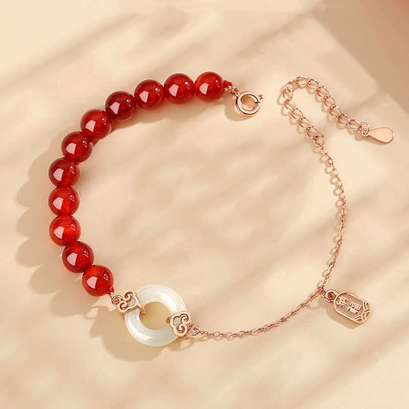 KarmaRipple's 925 Sterling Silver Authentic Red Agate Ivory Jade Peace Buckle Confidence Bracelet p5