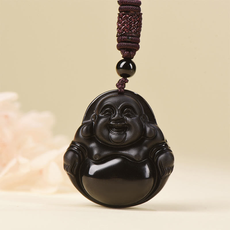 KarmaRipple's Authentic Black Obsidian Ice Obsidian Laughing Buddha Purification Pendant Necklace p13