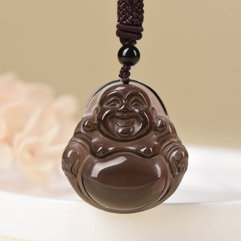 KarmaRipple's Authentic Black Obsidian Ice Obsidian Laughing Buddha Purification Pendant Necklace p1
