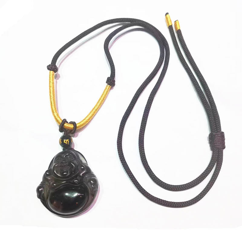 KarmaRipple's Authentic Black Obsidian Ice Obsidian Laughing Buddha Purification Pendant Necklace p5
