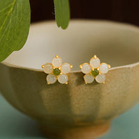 KarmaRipple's 925 Sterling Silver Hetian Jade Fortune Flower Stud Earrings