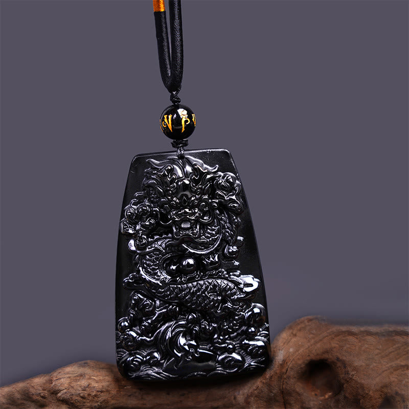 KarmaRipple's Black Obsidian Dragon Carved Fortune Protection Pendant Necklace p2