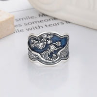 KarmaRipple's 925 Sterling Silver Phoenix Peony Flowers Carved Fortune Adjustable Ring