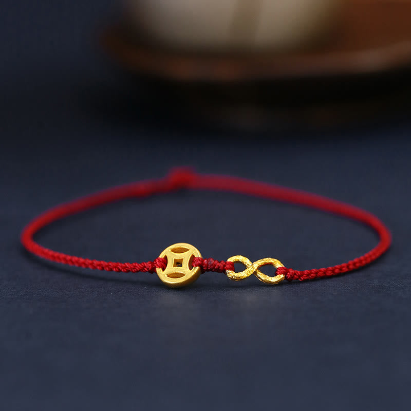 KarmaRipple's 999 Gold Mobius Infinite Love Fu Character Bronze Coin Protection Handmade Ultra-Thin Rope Bracelet p59