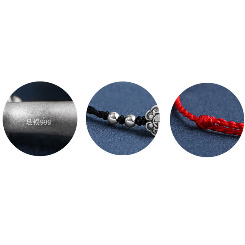 KarmaRipple's Handmade 999 Sterling Silver Fu Character Wish Ruyi Handle Fortune Rope Bracelet Anklet p24