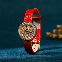 KarmaRipple's Six True Words Eight Treasures Compass Jade 24K Gold Plated Fortune Leather Bracelet