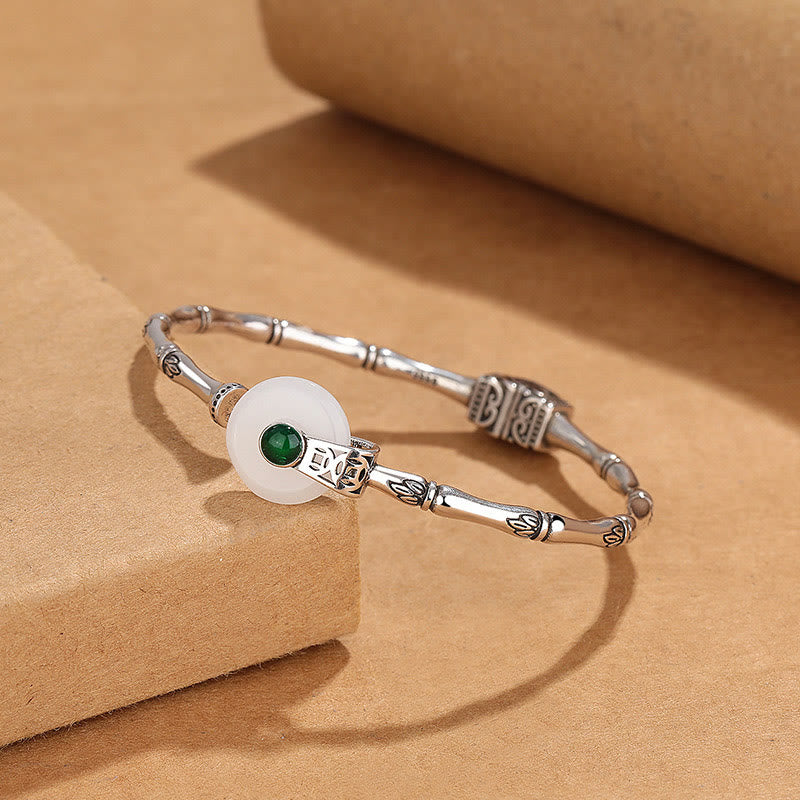 KarmaRipple's Ivory Jade Peace Buckle Bamboo Design Fortune Bronze Cuff Bracelet Bangle p1
