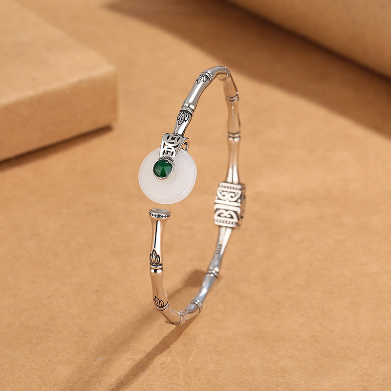 KarmaRipple's Ivory Jade Peace Buckle Bamboo Design Fortune Bronze Cuff Bracelet Bangle p3