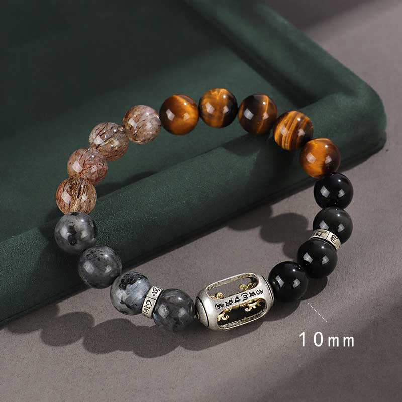 KarmaRipple's 925 Sterling Silver Black Onyx Gold Sheen Obsidian Lava Rock Tiger Eye Six True Words Wealth Protection Bracelet p1