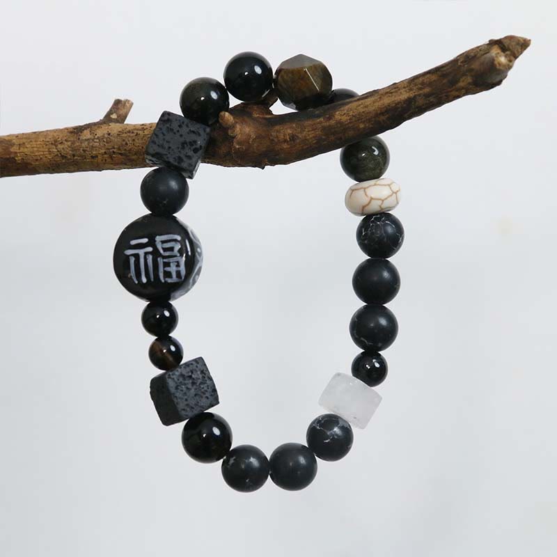 KarmaRipple's Black Onyx Ceramics Agate Black Glitter Stone Fortune Fu Character Bracelet p12