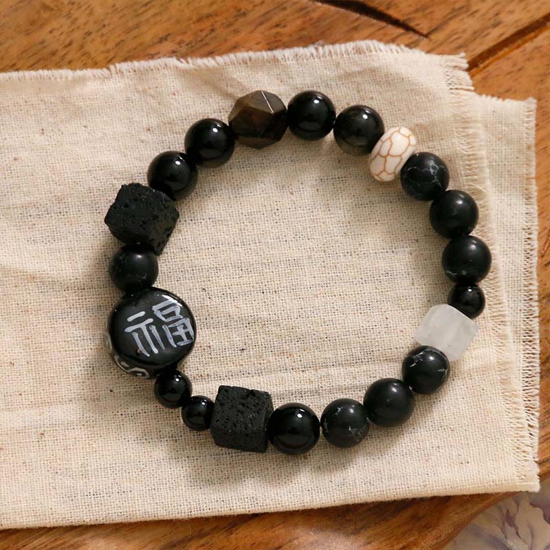 KarmaRipple's Black Onyx Ceramics Agate Black Glitter Stone Fortune Fu Character Bracelet p2