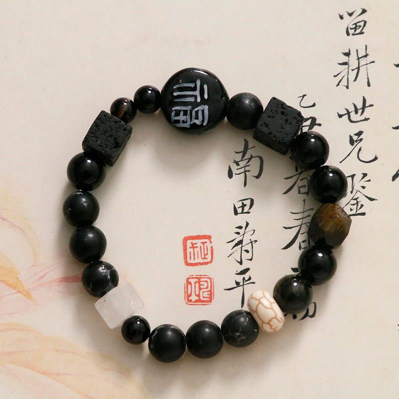 KarmaRipple's Black Onyx Ceramics Agate Black Glitter Stone Fortune Fu Character Bracelet p10