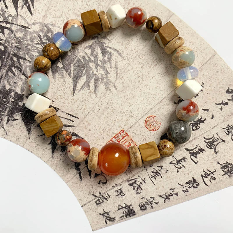 KarmaRipple's Red Agate Shoushan Stone Ivory Turquoise Calm Blessing Bracelet p1