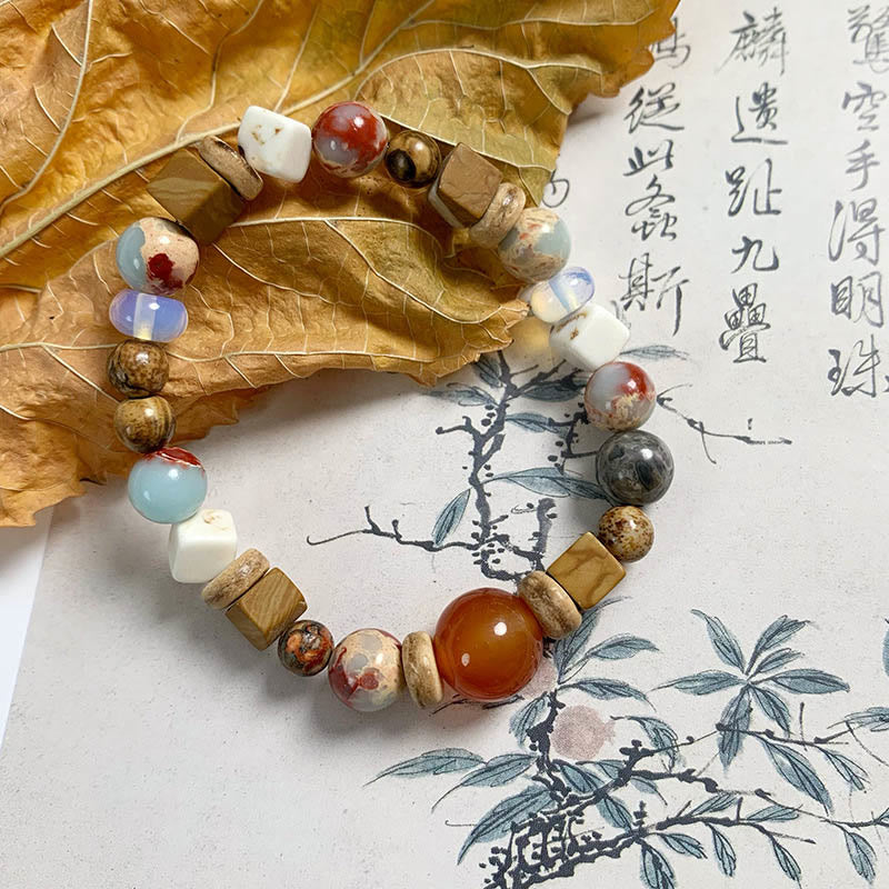 KarmaRipple's Red Agate Shoushan Stone Ivory Turquoise Calm Blessing Bracelet p13