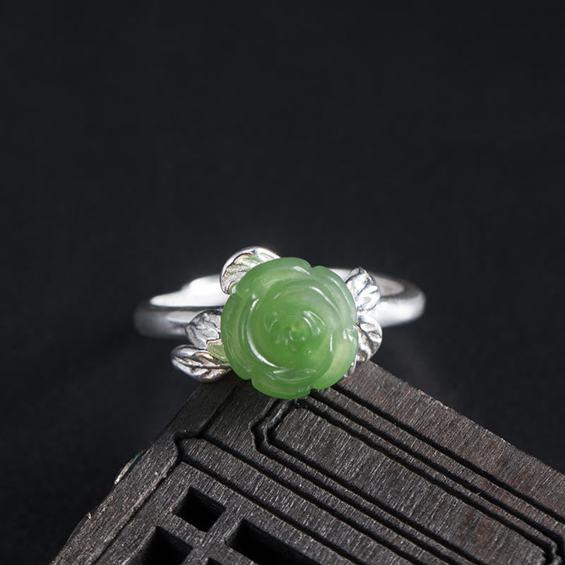 KarmaRipple's 925 Sterling Silver Jade Green Rose Fortune Adjustable Ring p13