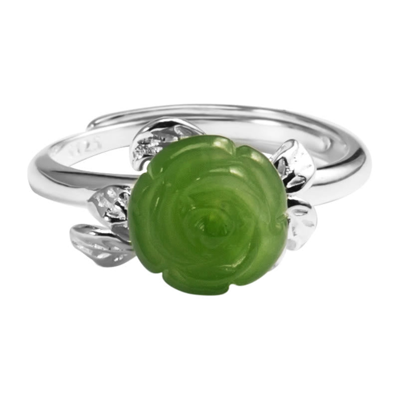 KarmaRipple's 925 Sterling Silver Jade Green Rose Fortune Adjustable Ring p12