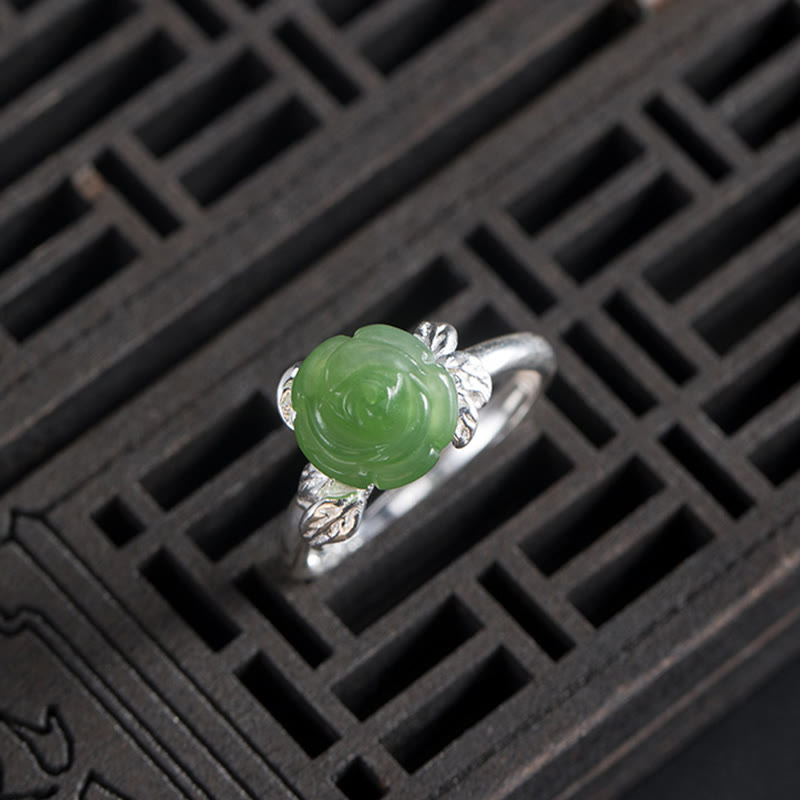 KarmaRipple's 925 Sterling Silver Jade Green Rose Fortune Adjustable Ring p9