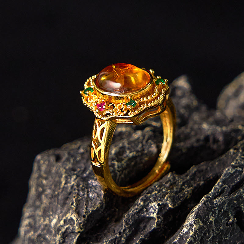 KarmaRipple's Flower Amber Hollow Lace Confidence Adjustable Ring p2