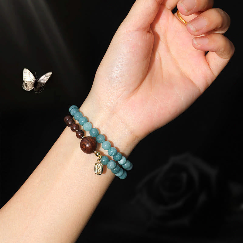 KarmaRipple's Blue Chalcedony Green Sandalwood Small Leaf Red Sandalwood Double Wrap Emotional Balance Bracelet p11