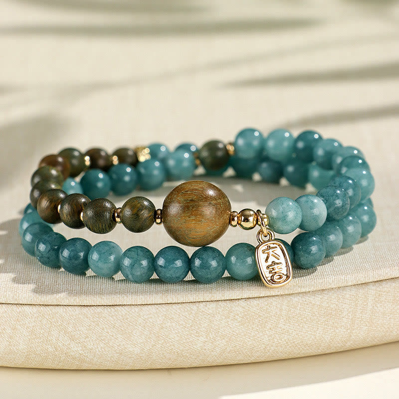 KarmaRipple's Blue Chalcedony Green Sandalwood Small Leaf Red Sandalwood Double Wrap Emotional Balance Bracelet p4