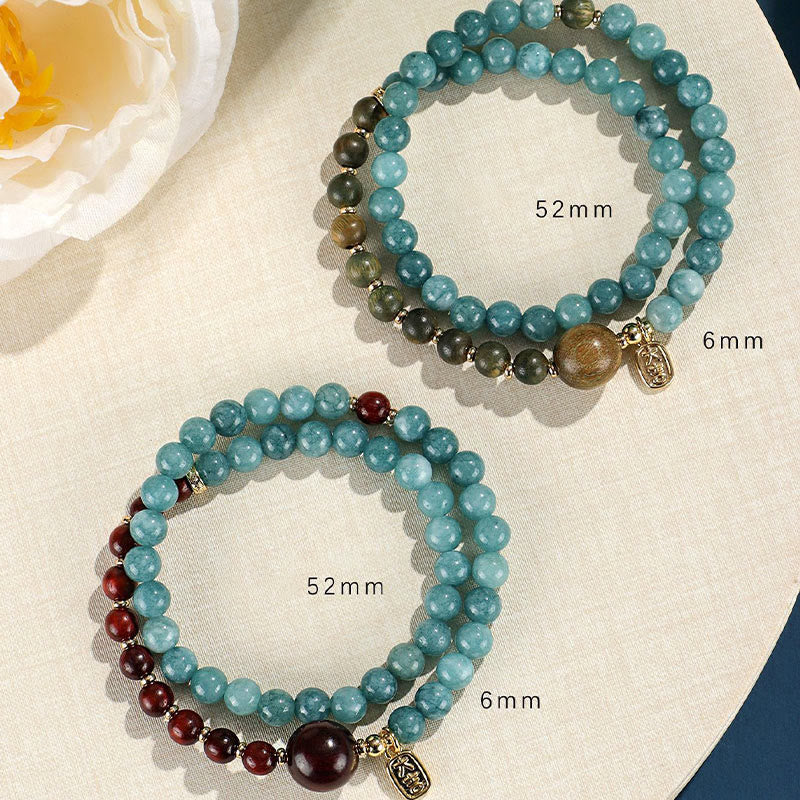 KarmaRipple's Blue Chalcedony Green Sandalwood Small Leaf Red Sandalwood Double Wrap Emotional Balance Bracelet p16