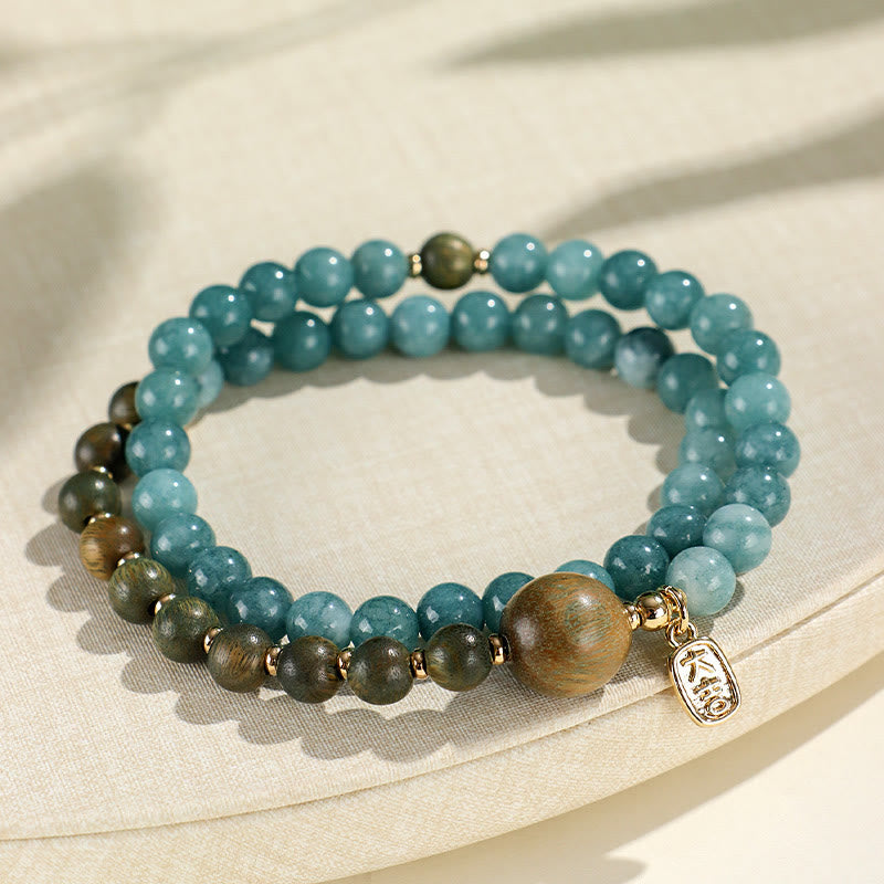 KarmaRipple's Blue Chalcedony Green Sandalwood Small Leaf Red Sandalwood Double Wrap Emotional Balance Bracelet p5