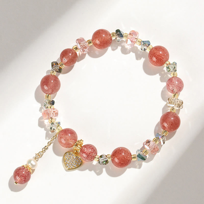 KarmaRipple's Strawberry Quartz Ivory Gemstone Pearl Liuli Heart Balancing Bracelet p4