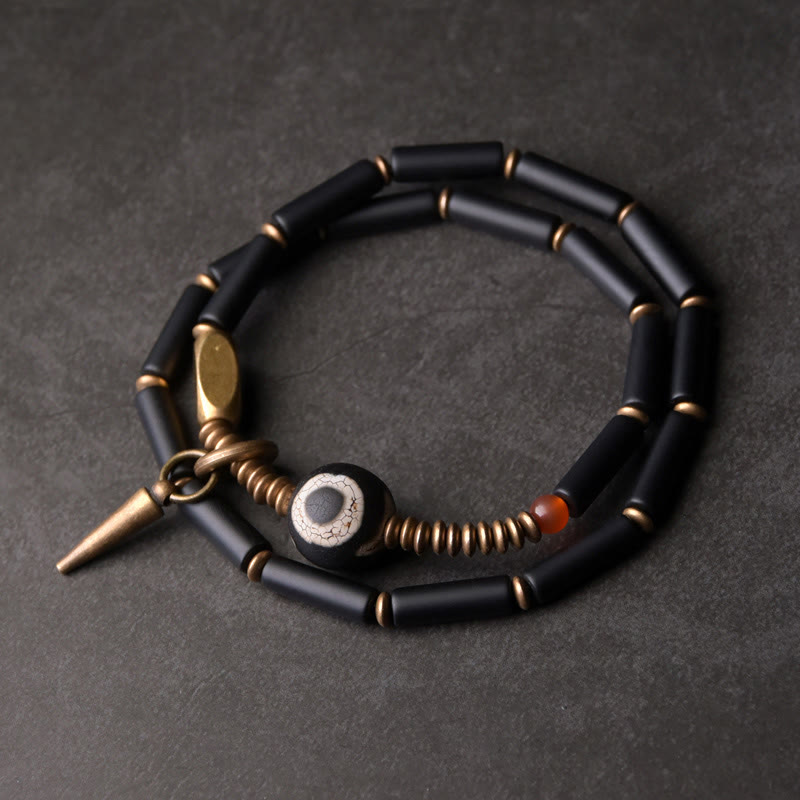 KarmaRipple's Black Onyx Bronze Dzi Bead Cone Necklace Double Wrap Protection Bracelet p13