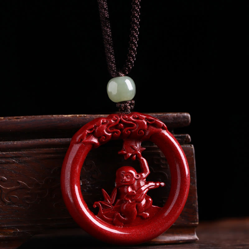 KarmaRipple's Chinese Zodiac Cinnabar Hetian Jade Peace Buckle Calm Pendant Necklace p53