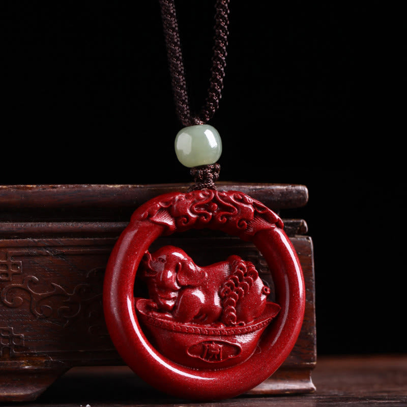 KarmaRipple's Chinese Zodiac Cinnabar Hetian Jade Peace Buckle Calm Pendant Necklace p23