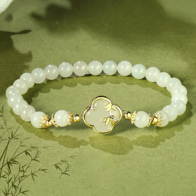 KarmaRipple's Hetian Jade 925 Sterling Silver Four Leaf Clover Bamboo Fortune Bracelet p5