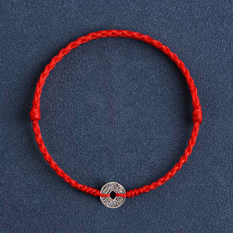 KarmaRipple's 925 Sterling Silver Five Emperor Coins Red String Protection Fortune Woven Bracelet Anklet p5