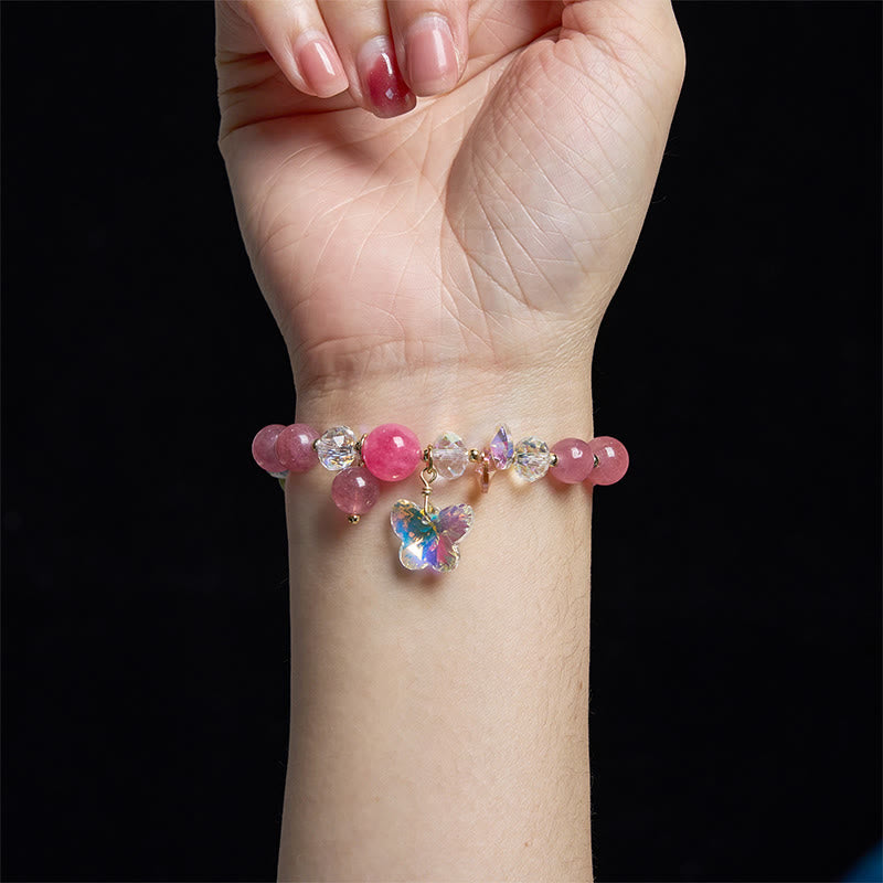 KarmaRipple's Strawberry Quartz Ivory Gemstone Pink Gemstone Butterfly Love Bracelet p13