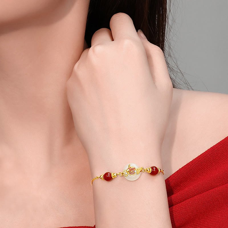 KarmaRipple's Authentic Hetian Jade 925 Sterling Silver Plated Gold Red Agate Beadwork Koi Fish Peace Buckle Fortune Bracelet p5