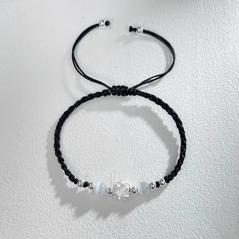 KarmaRipple's 999 Sterling Silver Lotus Design Cat's Eye Bead Protection String Bracelet p10