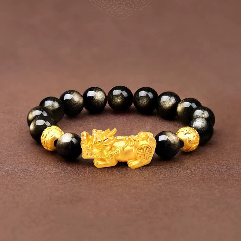 KarmaRipple's Authentic Gold Sheen Obsidian PiXiu Om Mani Padme Hum Wealth Bracelet p7