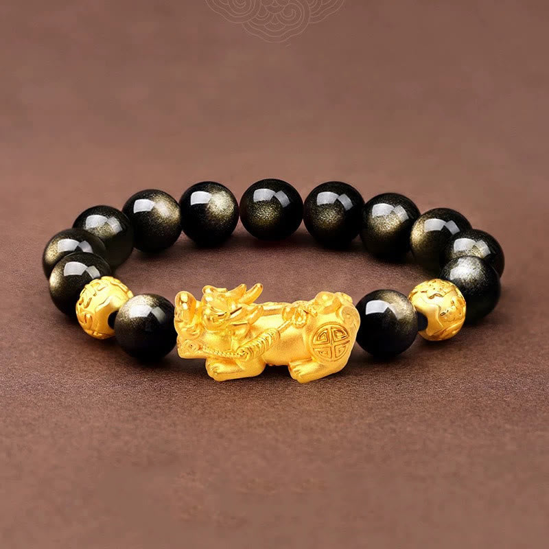 KarmaRipple's Authentic Gold Sheen Obsidian PiXiu Om Mani Padme Hum Wealth Bracelet p13