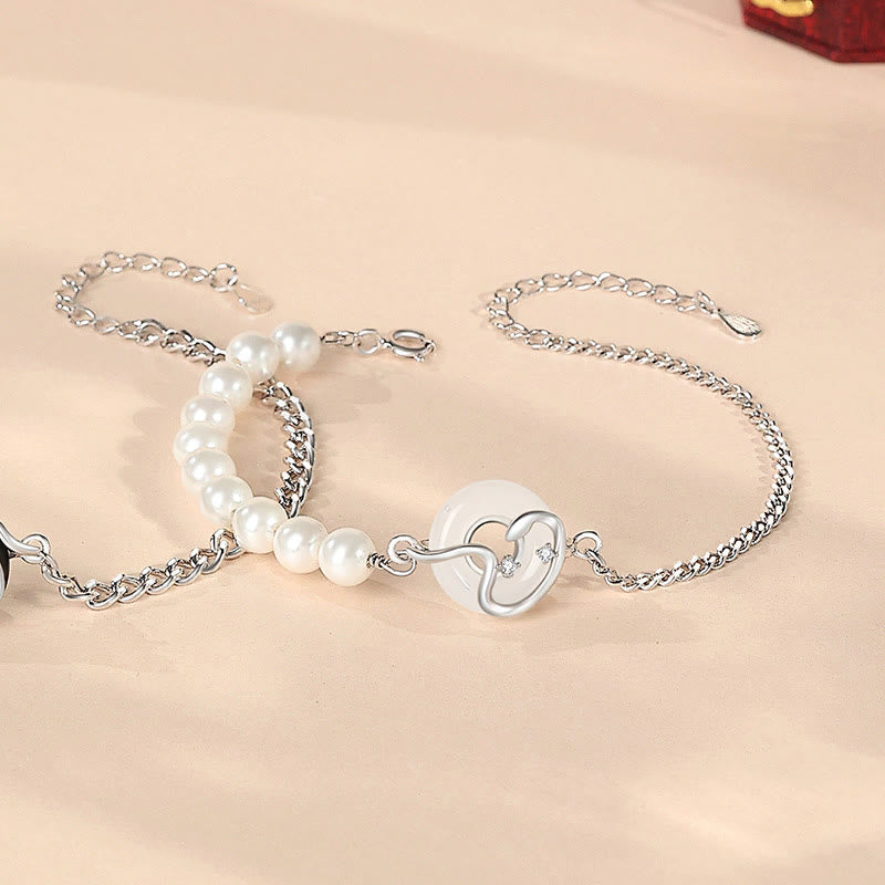 KarmaRipple's Black Obsidian Black Onyx Chalcedony Peace Buckle 925 Sterling Silver Year Of The Snake Pearl Purification Couple's Bracelet p15