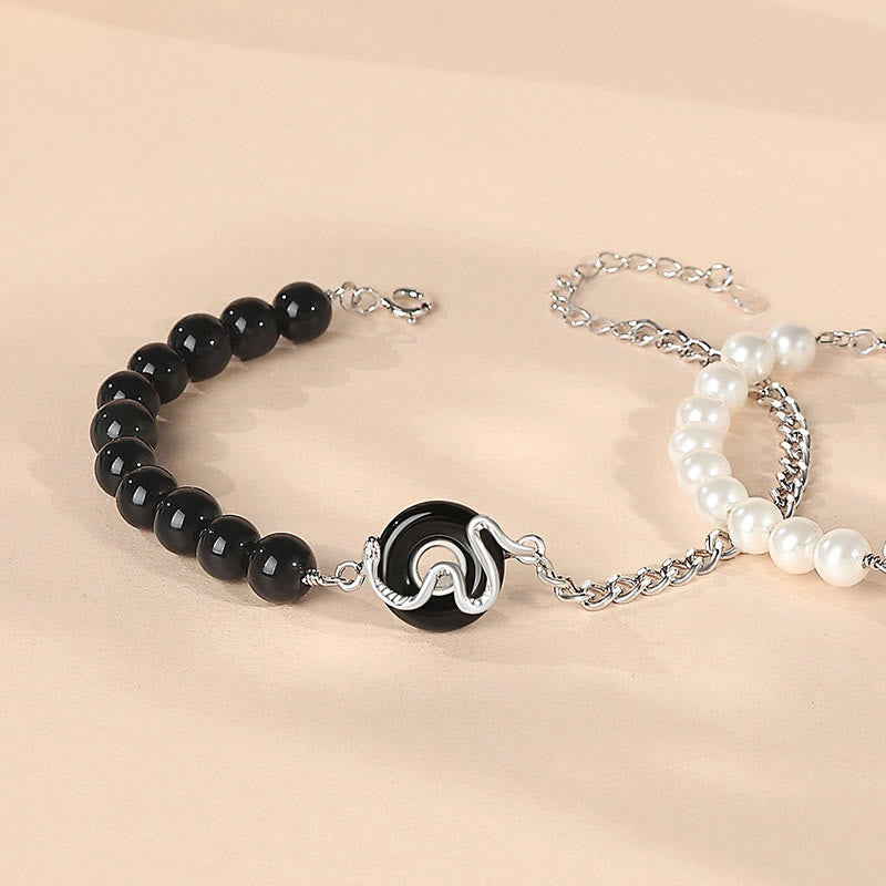 KarmaRipple's Black Obsidian Black Onyx Chalcedony Peace Buckle 925 Sterling Silver Year Of The Snake Pearl Purification Couple's Bracelet p14