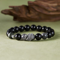 KarmaRipple's Black Obsidian Black Rutilated Quartz 925 Sterling Silver Year Of The Snake Purification Bracelet