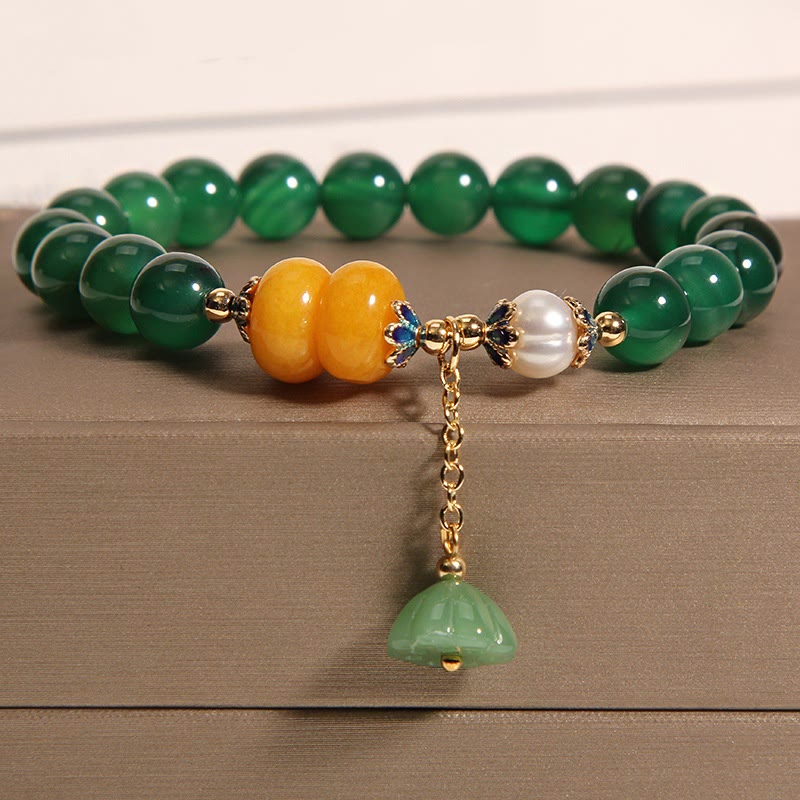 KarmaRipple's Green Agate Amber Pearl Lotus Pod Support Bracelet p1