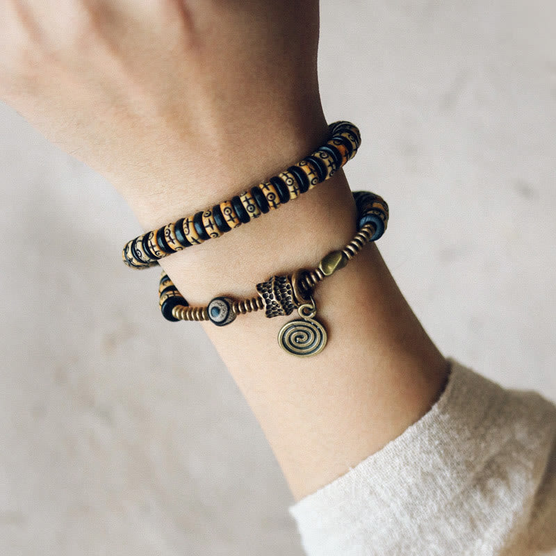 KarmaRipple's Yak Bone Ebony Wood Bronze Brass Strength Double Wrap Bracelet p10