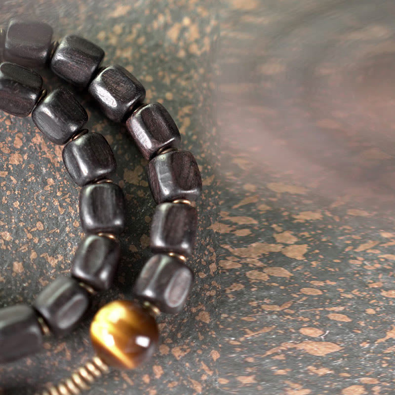 KarmaRipple's Ebony Wood Bronze Brass Tiger Eye Peace Double Wrap Bracelet p16