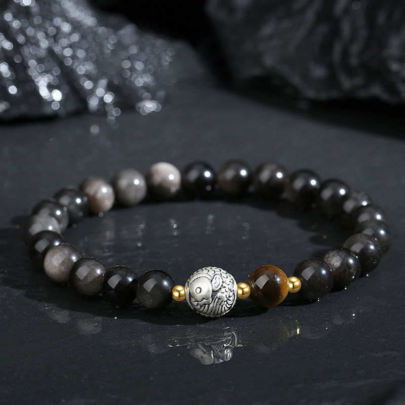 KarmaRipple's Black Obsidian 999 Sterling Silver Tiger Eye 925 Sterling Silver Koi Fish Purification Bracelet p1